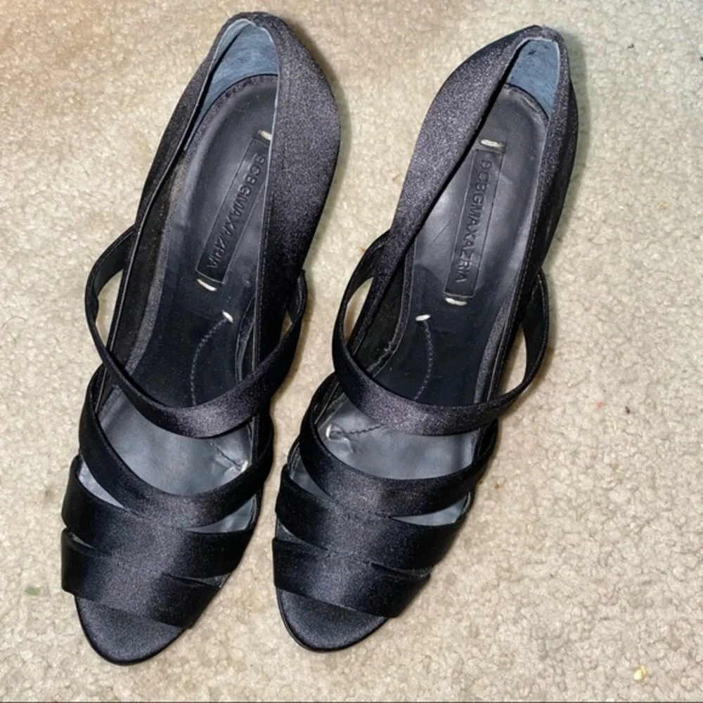 Strappy Black Satin Designer Playform Heels in 10